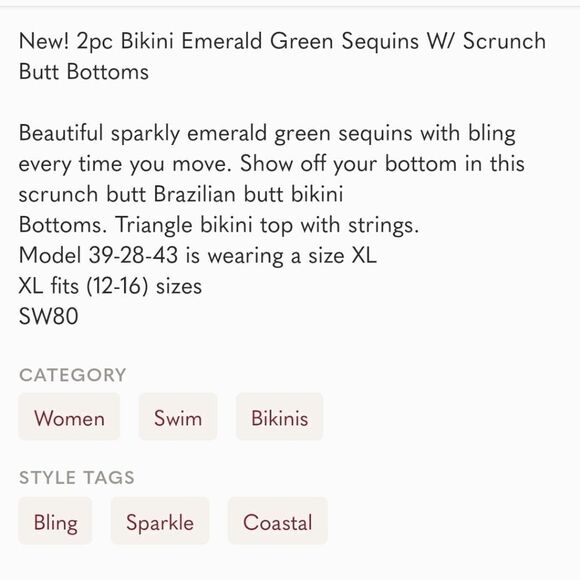 New! 2pc Bikini Emerald Green Sequins W/ Scrunch Butt Bottoms swimsuit - Picture 10 of 10